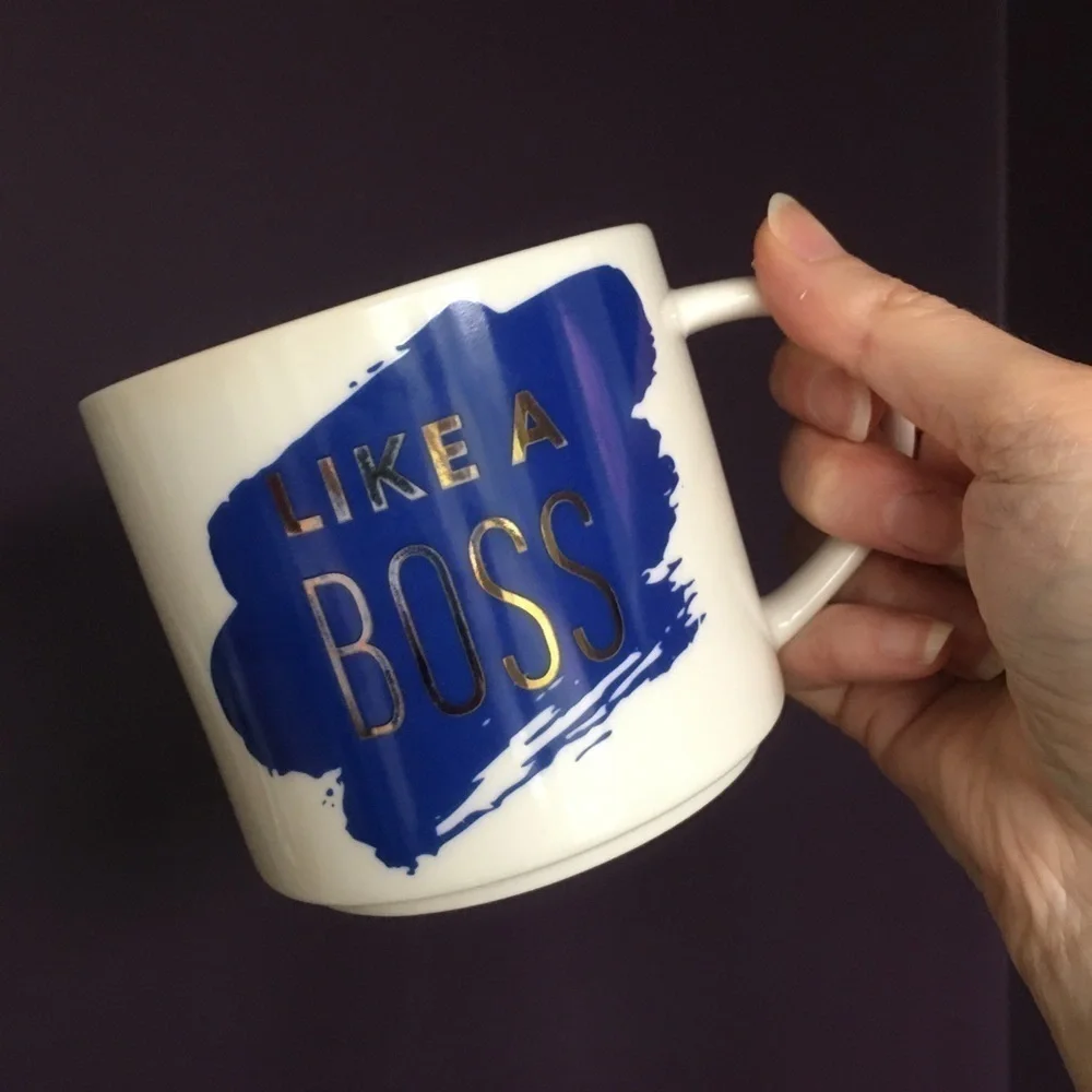 “LIKE A BOSS” Coffee Mug, White, Navy Blue, Gold Foil, 15 oz